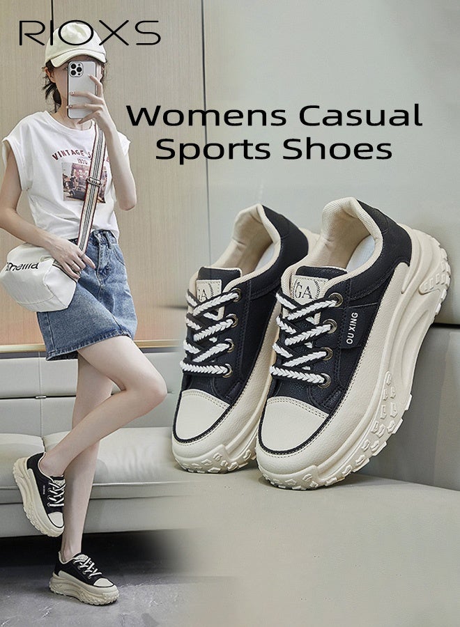 RIOXS Women's Comfort Shoes, 4.5cm Thick Soled Sports Shoes, Fashion Chunky Platform Sneakers for Women, Casual Dating Wedge Sneakers, Classic Lace-Up Athlesiure Shoes, Lady's Lightweight Walking Shoes, Low Top Sneaker for Female,  Anti-slip Trainers for Jogging Running Shopping Daily Wear, Black Footwear - Image 2